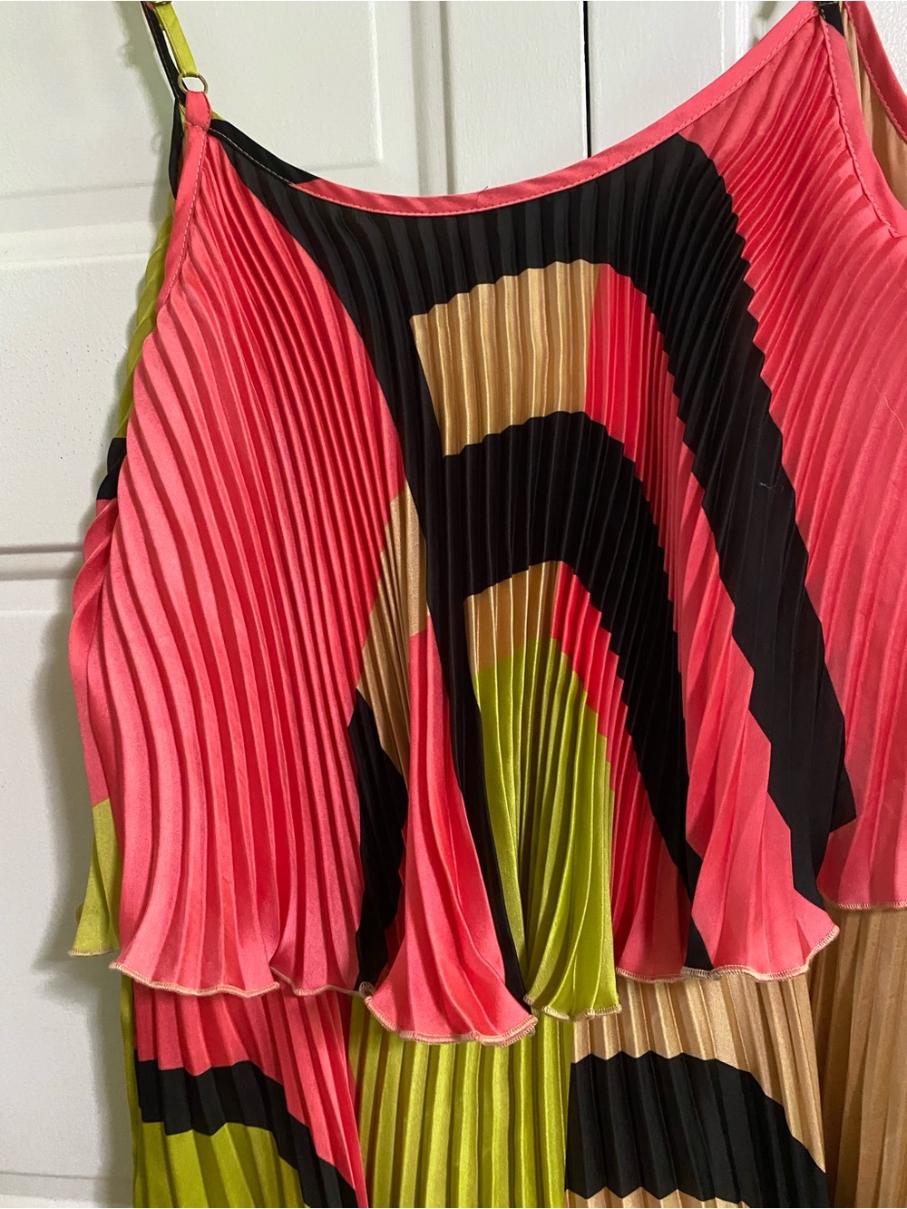 Cache Pleated Hi‑Low Spaghetti Strap Dress in Lime Green, Coral and Black - Picture 5 of 6